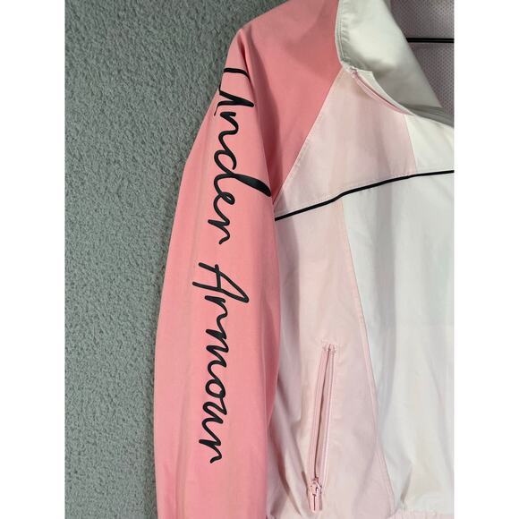 Under Armour Pink White Windbreaker XS Loose Fit Jacket Zip Front Logo Sleeve - Picture 8 of 13